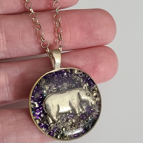 925 Sterling Hippo Necklace Resin Beads Charm 925 Chain 20" Purple - Picture 5 of 11